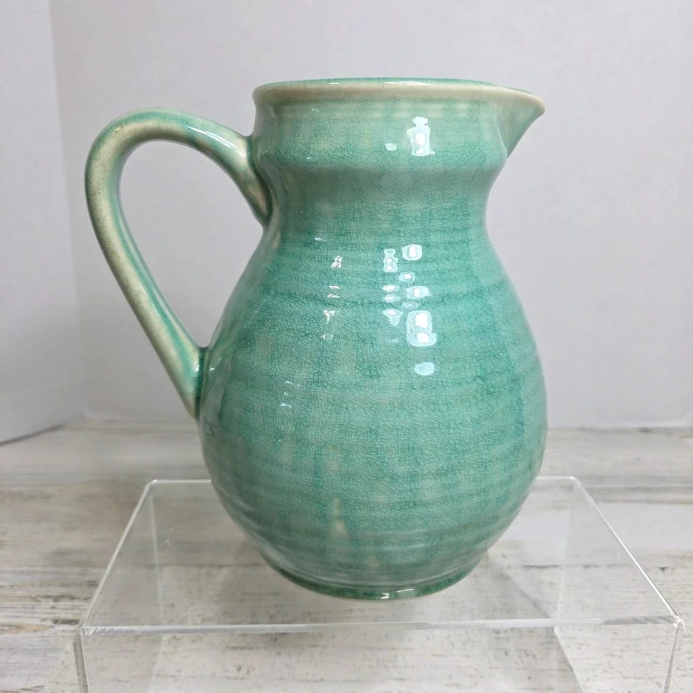 JARS France Tourron Jade Green Crackle Glaze Stoneware Ceramic Pitcher Jug 56oz